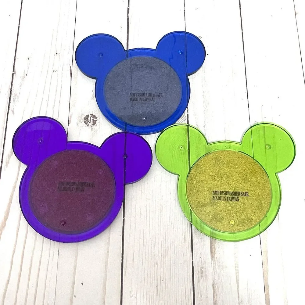 Disney Mickey Mouse Ears Colored Acrylic Cork Center Coasters Set of 3
